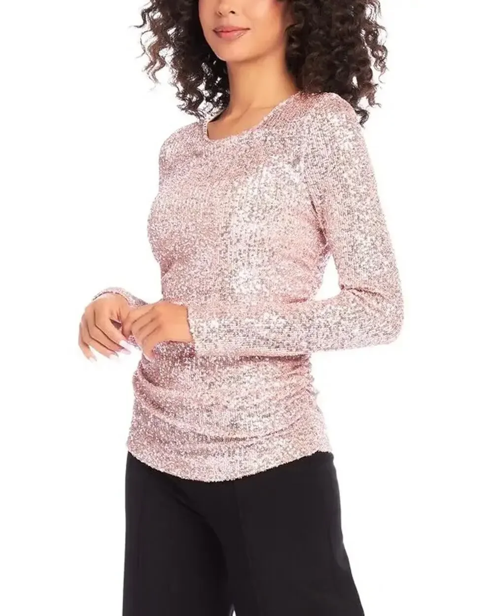 Karen Kane Women Pink Sequin Fitted Side Shirred Long Sleeve Holiday Top Size L